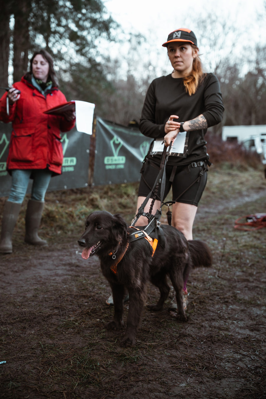 Runner and dog at a canicross race with a marshal behind