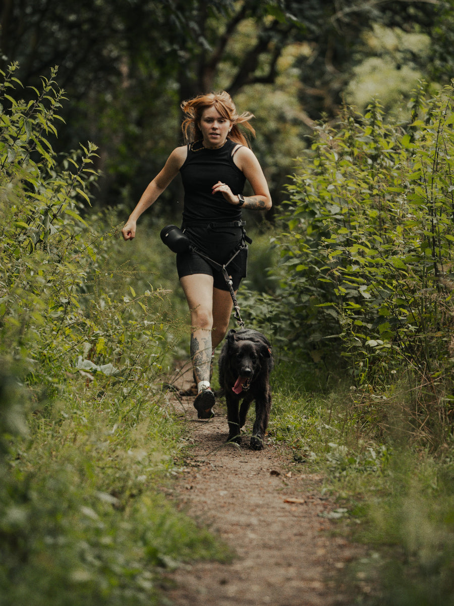 Canicross runner and dog on a woodland path at Worstead
